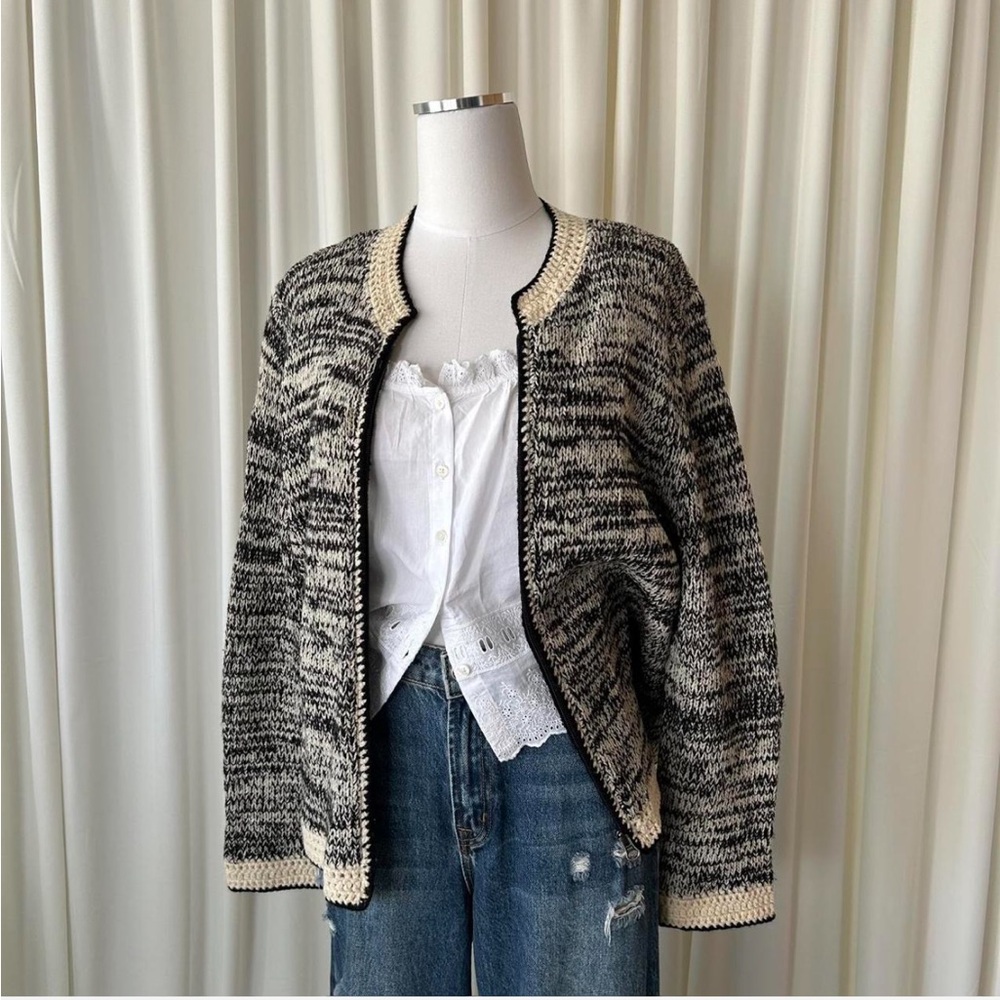 J.Jill 100% Wool Marled Knit Cardigan | Contrast Crochet Trim size XL.